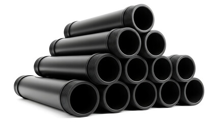 Fototapeta premium Stack of black plastic pipes isolated on white background