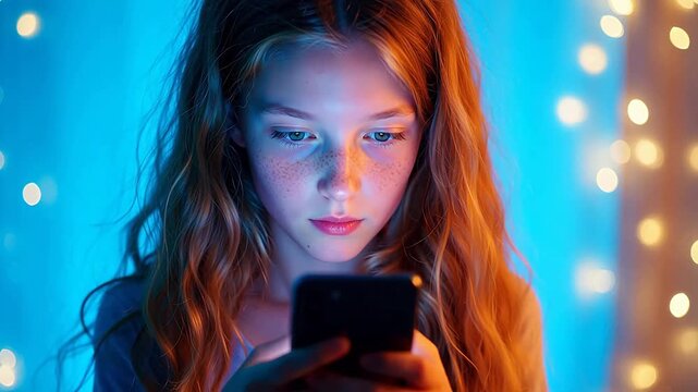 Young woman with freckles using smartphone