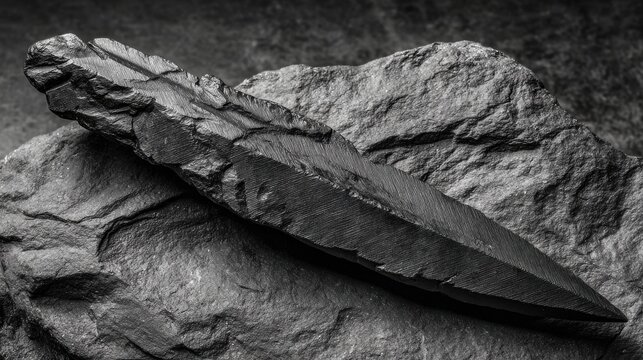 A sharp obsidian shard with textured surface reflecting light, showcased against rough rocks
