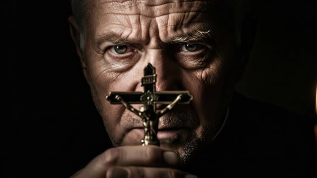Priest holding crucifix toward viewer in dark room. Mature man in clerical collar praying with cross. Religious faith, catholic spirituality and worship concept.