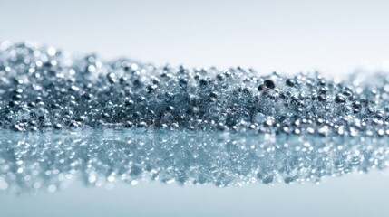 Close up of numerous tiny, perfectly aligned silver beads creating intricate patterns with a brilliant reflection