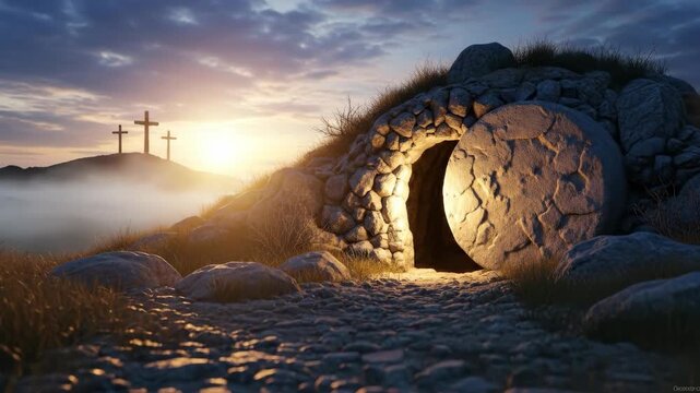 Empty stone tomb entrance at dawn with three crosses on hill. Resurrection of Jesus Christ scene. Biblical landscape for catholic faith and religious worship.