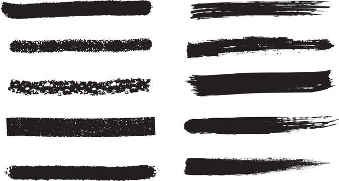 Black grunge brush strokes set isolated on transparent background. Rough paint brush lines, dry ink streaks and underline stroke elements collection