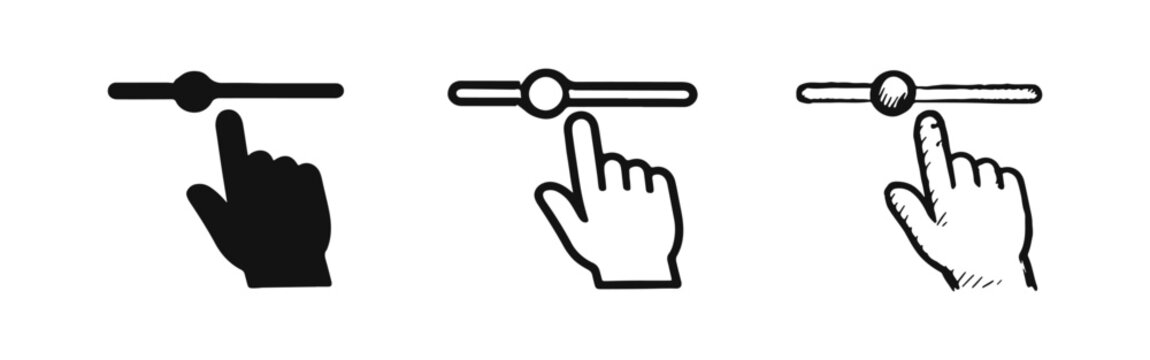 Slider Control and Hand Pointer Icons Set. User Interface Adjustment Concept Vector. Settings and Customization Symbol Collection in Three Styles