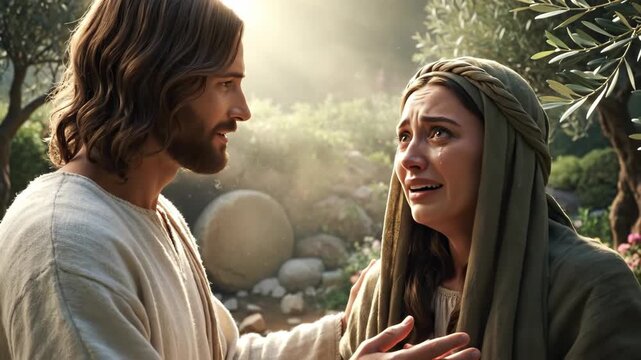 Jesus Christ reveals himself to a weeping woman near an open stone tomb. Biblical scene of resurrection and comfort in a garden for religious spirituality.