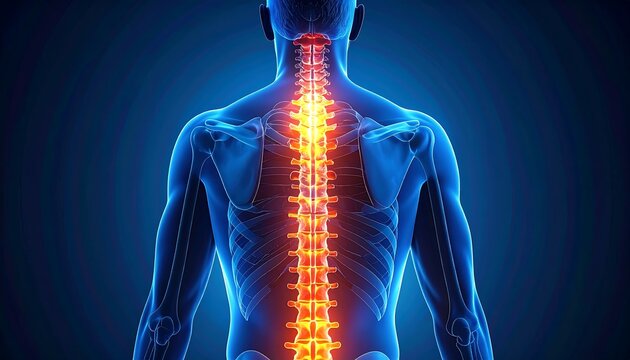 Blue-toned back view with glowing spinal column, highlighting anatomy