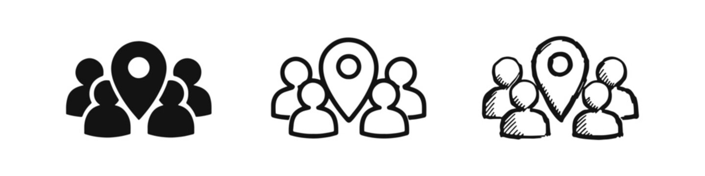 People group with location pin icon set for community or meeting point. Local audience and place vector icons in various styles.