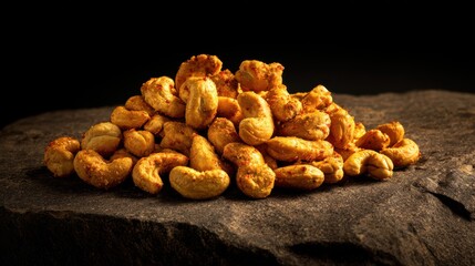 Fototapeta premium Golden-brown roasted almonds and cashews piled on a textured surface