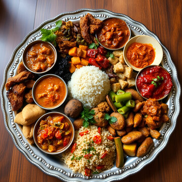 A magnificent and authentic Ethiopian culinary spread presented on a decorative silver platter featuring an array of traditional stews and vibrant dishes such as spicy Doro Wat rich Misir Wot and sav.