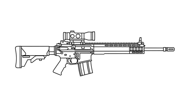 Modern Assault Rifle with Scope - Line Art Illustration
