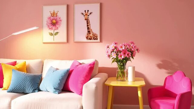 Vibrant living room with pink walls white sofa colorful pillows and floral art