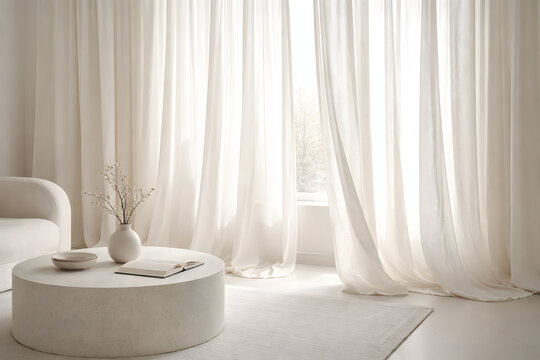 A serene and modern living room a round coffee table and white curtains