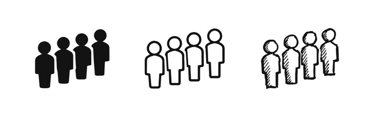 Group of people standing in a row icon set for crowd or team. Queue line and audience vector icons in solid, outline, and sketch styles. © drawing lines