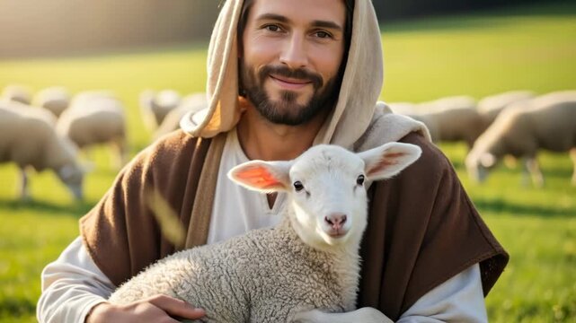 Jesus Christ holding a small lamb in his arms on a green pasture. Biblical shepherd savior figure embracing sheep. Spiritual religious concept for easter faith.