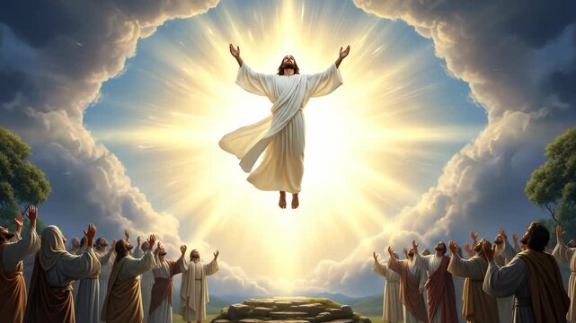 Jesus Christ ascending to heaven in white robe with arms raised. Catholic religious scene showing miraculous ascension of divine savior before group of followers.