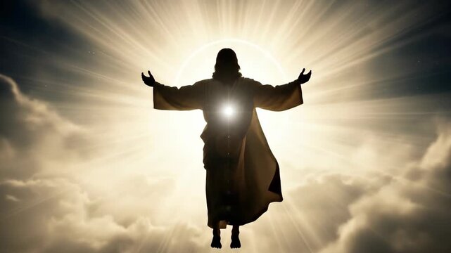 Silhouette of Jesus Christ ascending into heaven with arms wide open. Divine light beaming from behind savior amidst clouds. Religious concept of resurrection Easter.