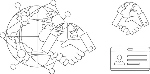 Set of 3 global business and networking vector line icons featuring a handshake over a connected globe, a standalone handshake, and an ID card. isolated PNG with Transparent Background