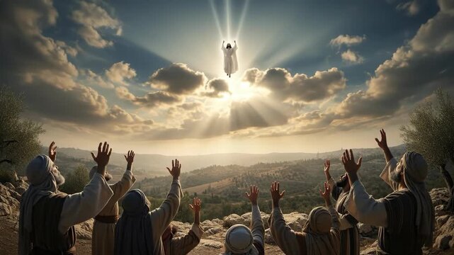 Jesus Christ ascending into heaven before the apostles. Religious scene of the ascension with believers reaching toward the light. Biblical narrative for church art.