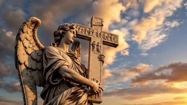 Stone angel holding a large cross against a sunset sky. Catholic sculpture depicting divine messenger. Religious monument exterior for prayer and faith reflection.
