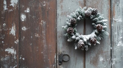 Rustic Christmas Wreath with Snow and Pinecones Adorning an Aged Wooden Door for Festive Holiday Decor