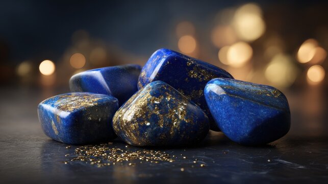 Polished deep blue lapis lazuli gemstones with golden flecks scattered on a dark surface