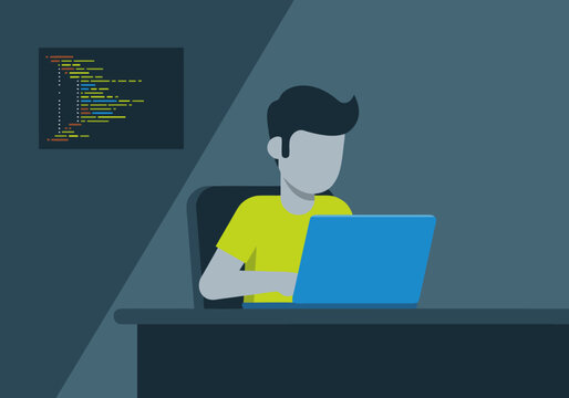 A programmer works late, focused on code on a laptop. A modern, dark workspace highlights the screen's glow.  Illustrative style.