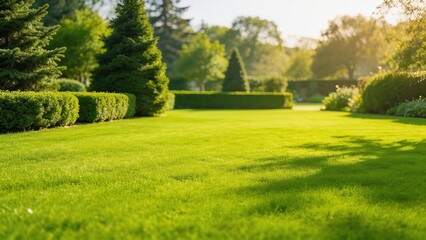 Obraz premium Lush green lawn with trimmed hedges and trees