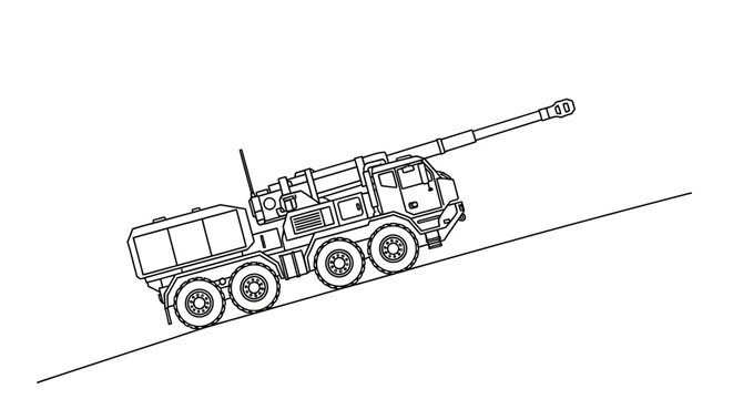 Self-propelled howitzer on a slope, military vehicle, artillery gun, army transport