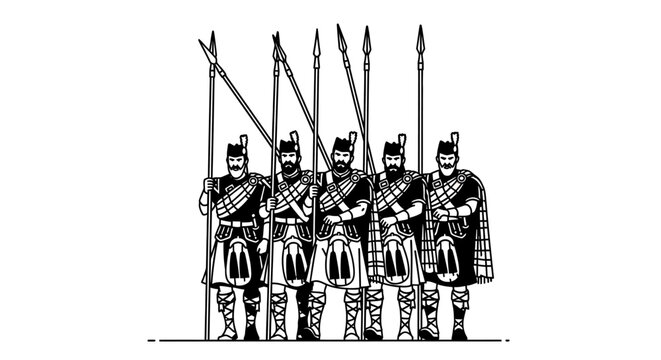 Scottish Highlanders Warriors with Spears, Traditional Kilts, Vector Illustration