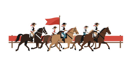 Six traditionally dressed riders on horseback gallop in a horizontal line, passing a red flag and barrier against a clean white background.