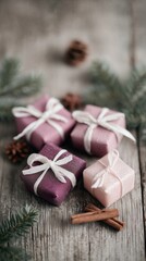 Fototapeta premium Small gift boxes with white ribbons, evergreen fir branches, pine cones, and cinnamon sticks arranged on rustic wooden background, creating festive holiday mood