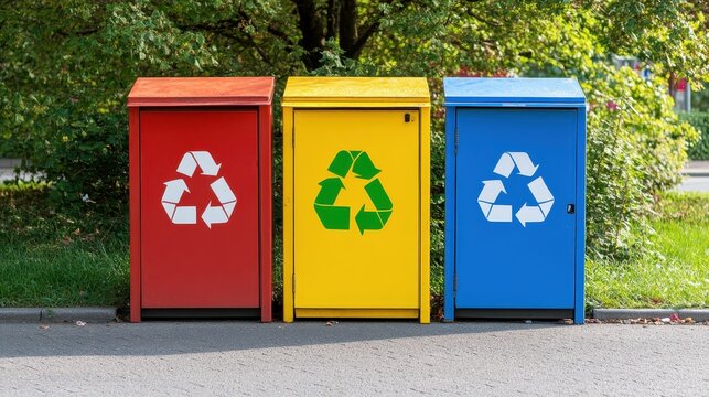 Three colorful recycling bins with prominent white recycling symbols arranged on an outdoor urban street, inviting proper waste sorting.