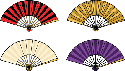 Set of four traditional handheld folding fans with vibrant color patterns, symmetrical design, cultural aesthetics, and decorative artistic heritage © Lutfun Creatives