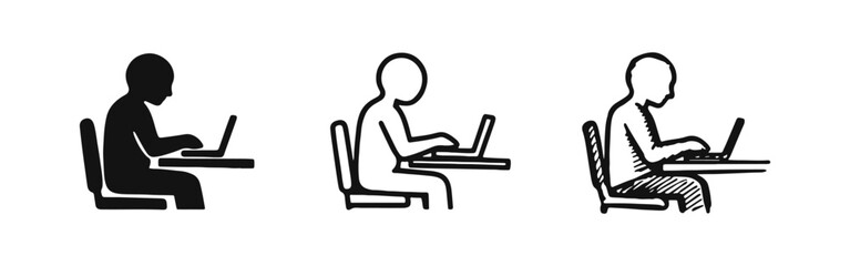Person Working on Laptop Icon Set - User Typing at Desk Vector Illustration