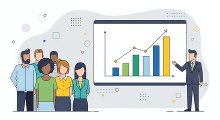 Diverse team observes a business presentation with a positive upward trending bar and line graph illustrating growth and progress