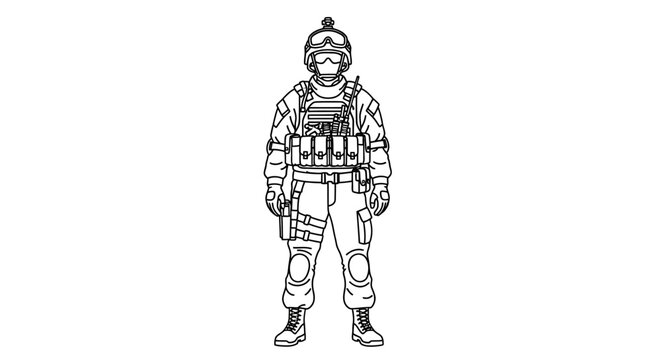 Soldier in Full Combat Gear, Military Uniform, Tactical Vest, Helmet, and Boots - Line Art Illustration