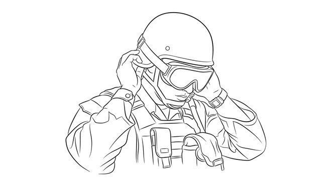 Soldier in tactical gear putting on protective goggles, military helmet, and vest