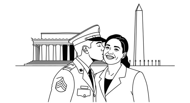 Soldier kisses woman in front of Washington DC landmarks