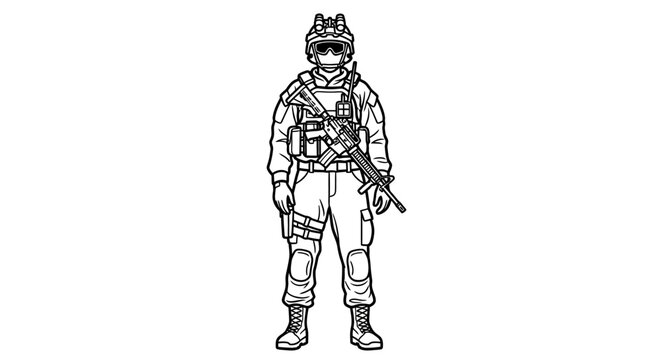 Soldier in tactical gear with assault rifle, illustration, outline drawing