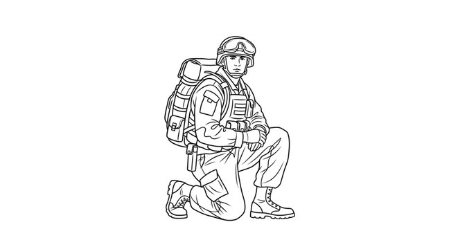 Soldier kneeling with backpack, military equipment, tactical gear, army uniform, outdoor, ready for action