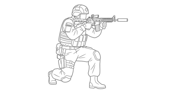 Soldier Kneeling Aiming Assault Rifle, Tactical Gear, Military Combat Pose