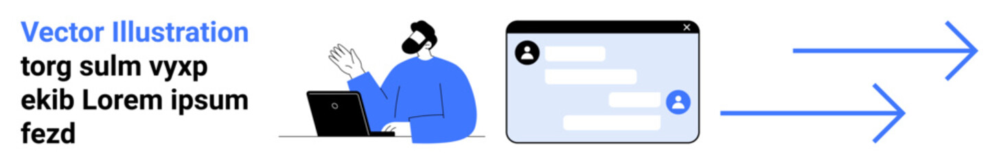 Fototapeta premium Digital communication, online messaging, user interaction, workflow illustration, remote interaction, technology concept. Person using a laptop next to a chat interface. Digital communication