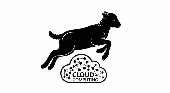Energetic lamb leaps over a stylized cloud representing cloud computing.