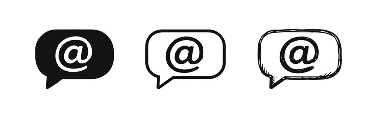 Email address symbol in speech bubble icon set. At sign communication and contact for online messaging and social media.