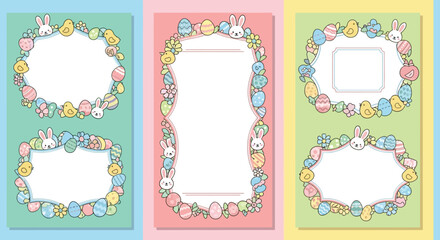 Three colorful easter frames decorated with bunnies chicks and eggs create a festive springtime design silhouette high quality professional detailed modern