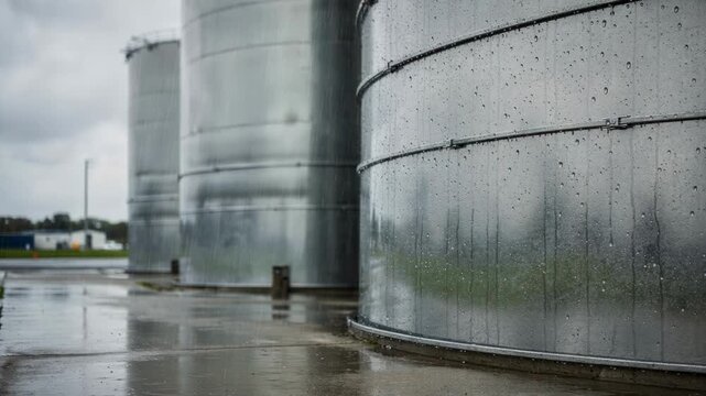 Medium shot of biobased feedstock silos during light rain showcasing durable tanks for plantbased organic intermediates with droplets and reflective wet surfaces.