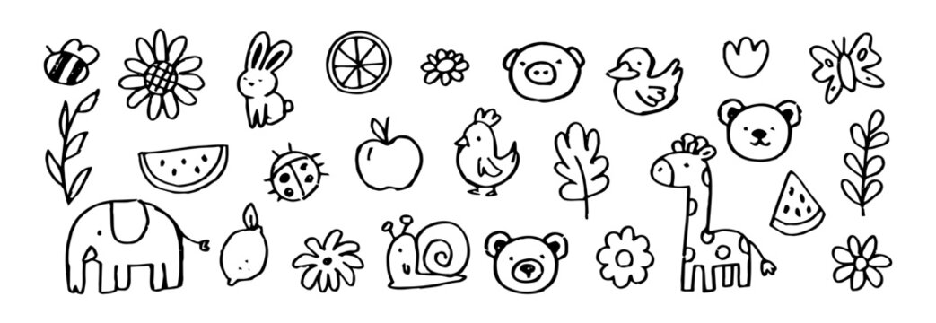 Animal and nature doodle vector illustration set of hand drawn icon flower collection