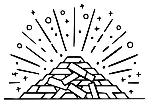 Abstract illustration of a pile of gold bricks with radiating lines and stars