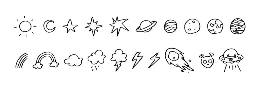 Space and weather icon vector illustration set with hand drawn planet star and space doodle