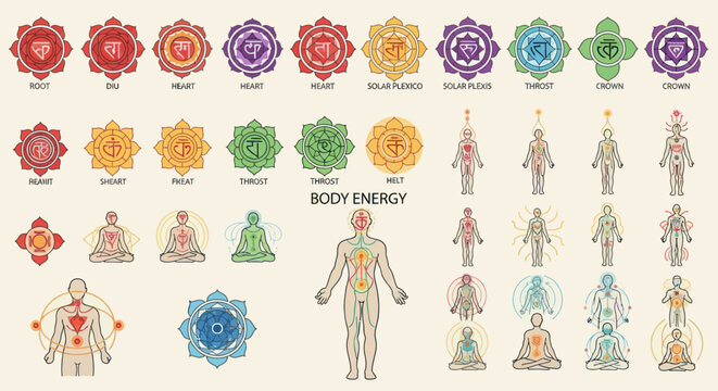 Infographic chart of the seven main chakras their symbols colors and locations on the human body.